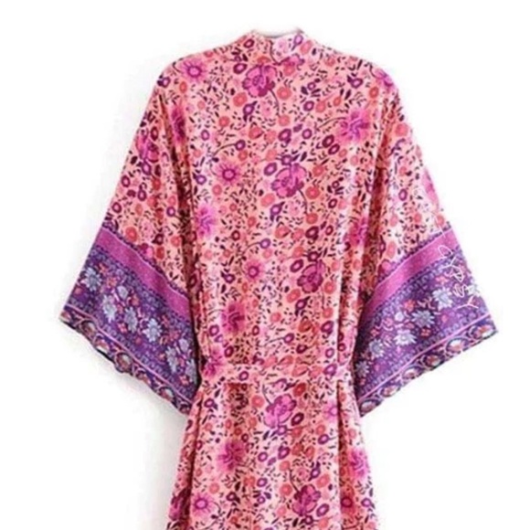 SPELL Style Long Flowy BOHO Cotton Kimono Robe Pink & Purple Floral w/ Belt NWOT - Picture 3 of 10